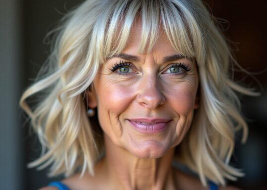 Coiffures mi-longues dégradées avec frange chic pour femmes de 60 ans