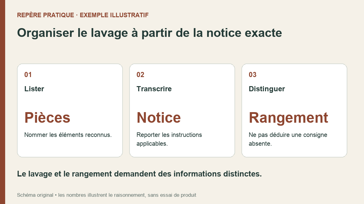 Séquence de fiche d’entretien : lister les parties, transcrire la notice, distinguer lavage et rangement.